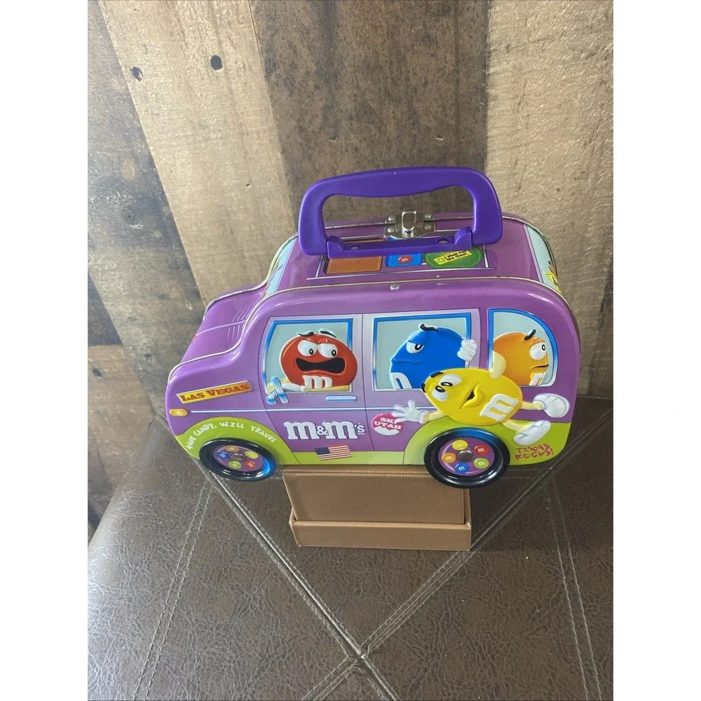 Vintage‎ 2002 M&M's Road Trip Tin Lunch Box Van SUV - Purple w/ Moving Wheels